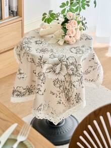 1 Stück schwarze Tischdecke mit Blume Muster, amerikanischer Landhausstil mit Spitzenrand, vielseitig einsetzbar für Esstisch, Küche, täglichen Gebrauch, Feste, Partys, Abendessen, Mikrowelle, Heimdekoration, für alle Jahreszeiten
