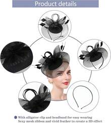 Ibeauti Fascinator Hats With Screentouch Lace Gloves Set Women Tea Party Cocktail Wedding Derby Headwear Short Gloves - 07 Black - 查看 3