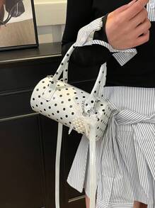 手提波点包2024新款高端撞色圆筒包辣妈百搭时尚通勤手提包爱心吊坠送女友礼物首选