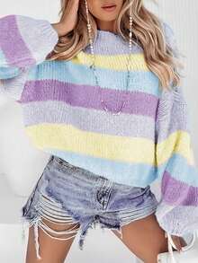 Neue Ankunft Damen Lässig Mode Farbblock Rundhals Langarm Strick Pullover Sweater - Mauve - Übersicht 3