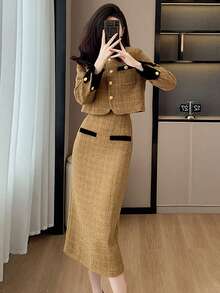 RUIWY 女士卡其色时尚翻领二合一服装厚保暖夹克和中长裙套装修身款春秋季 - 卡其色 - 查看 7