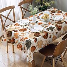 1pc Thanksgiving Turkey & Autumn Leaves Pattern Tablecloth, Seasonal Kitchen/Dining Table Decor, Round/Rectangular Sizes Available, Polyester Material, Indoor/Outdoor Party Decoration, Thanksgiving Holiday Decor, Home & Event