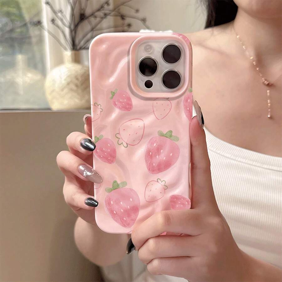 Teléfono Un elegante teléfono con un diseño de fresa cremosa y un patrón de meteorito, compatible con los modelos 11 al 16 Plus, Pro y Pro. Cuenta con una calidad elegante y premium, lo que lo convierte en una opción atractiva. - Colores mixtos 4 - Ver 1