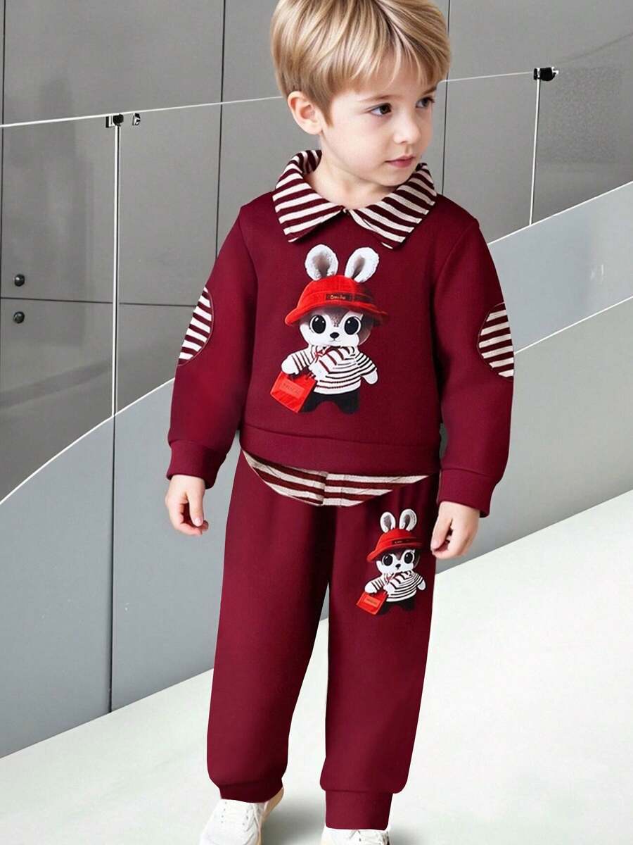 Outfit da 2 pezzi per bimbo piccolo, con stampa di coniglio e blocchi di colore, camicia a maniche lunghe con colletto a righe + pantaloni con stampa di coniglio, completo di moda adorabile, versatile per uso casual, uscite e feste