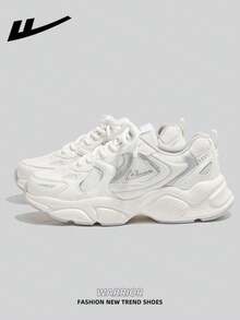 1 双 WARRIOR 女式海军蓝厚底厚底运动鞋，系带软底休闲鞋，低帮户外平底鞋，夏季一脚蹬通勤鞋，圆头低跟防滑纯色优雅徒步适合学生毕业照平底鞋，女式低帮皮革运动滑板鞋 - WBN(JS)-0578白銀色 - 查看 3