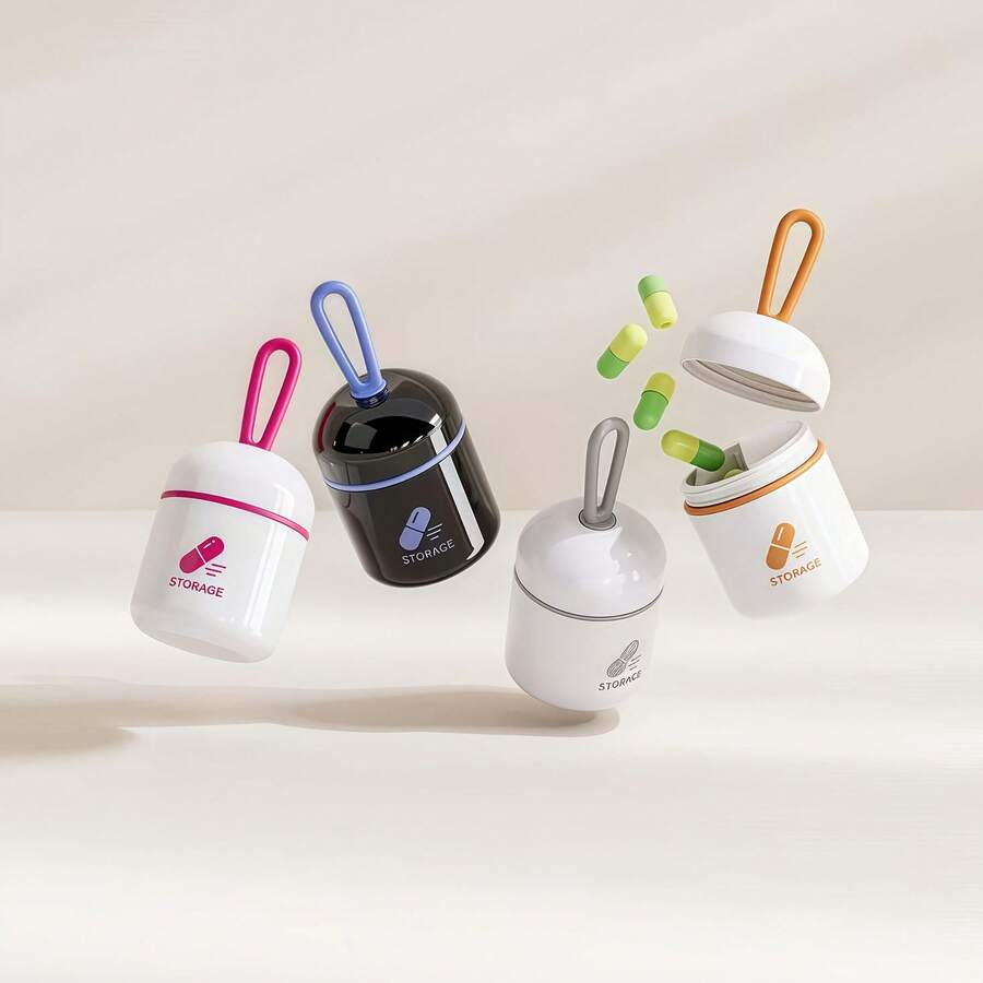 1-Pack Portable Dual Compartment Pill Organizer Box With Leakproof Lid & Chain - Medication Case, Travel-Friendly Tablet Storage With Clear Opening For Vitamins, Pills - Ideal For Travel, Home, Or Daily Use - Compatible With One Pill Box For Purse, Vitamin Holder, Stylish Medication Box, Durable Plastic Material, Compact Design, Secure Closure, Healthconscious Users - Multicolor - View 1