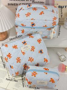 1 Pc/Set Cute Strip Print Cosmetics Storage Bag Foam Quilted Make Up Bag Cartoon Bear Pattern Travel Toiletry Bag Cute Blue Cosmetics Storage Bag Large Capacity Makeup Pouch Multi-Functional Items Organizer Bag Handheld Make Up Bag Zippered Pencil Case Jewelry Organizer Bag, Lip Oil Organizer Bag, Nail Polish Organizer Bag Sanitary Towel Storage Bag For Girl Birthday Gift Back To School Gift Girlfriend Gift - Blue - View 10