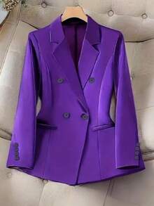 Plus Size Business/Commute Solid Color Double-Breasted Suit Jacket Spring - Purple - View 1