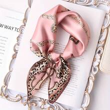 27.5" Chain Leopard Print Square Scarf For Women – Brown Satin Faux Headscarf, Elegant Decorative Scarf, Perfect For Styling And Everyday Wear - 粉紅色豹紋 - 查看 9
