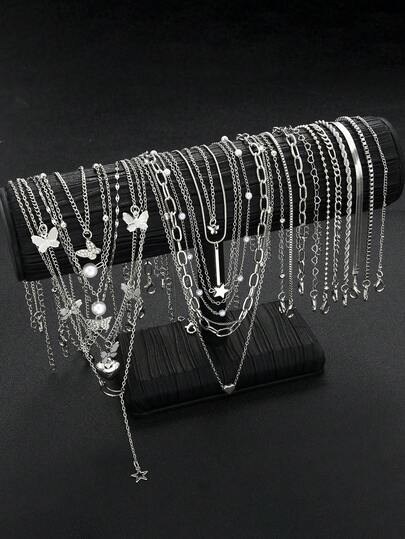 17KM 25 件简约人造珍珠、链条、心形、蝴蝶、月亮、星星吊坠项链和手链首饰套装，适合约会、度假、日常佩戴、派对、送给女友、母亲的礼物