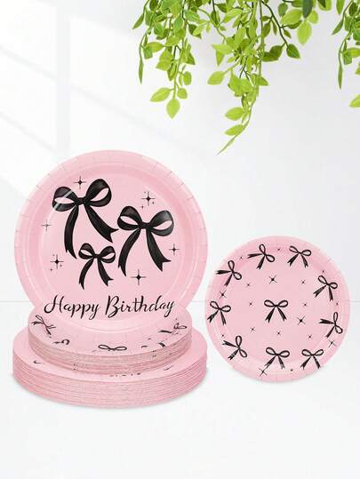10pcs/20pcs/50pcs Pink And Black Bow Birthday Decorations Light Pink Themed Party Supplies Black Bow Paper Plates Cute Cake Plates Elegant Dinner Plates For Babe Shower Birthday Decor Pink Halloween Decorations