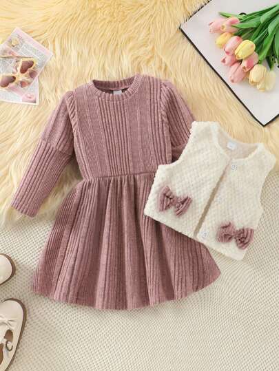 2pcs Young Girls Casual Bow Solid Asymmetrical Drawstring Soft Knit Fabric Long Sleeve Dress & Vest Set, Suitable For Outdoor Wear, Autumn/Winter