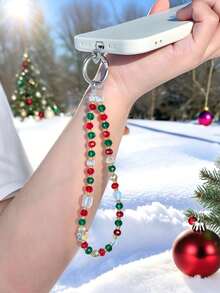 1pc Christmas Element Red & Green Glass Beaded Phone Lanyard, Phone Keychain Pendant, Suitable For Party, Wedding Gift