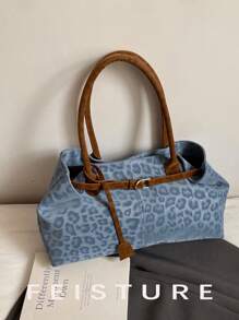 1pc FEISTURE Leopard Print Color Block Large Capacity Tote Bag, Fashion Strap Decor Shoulder Bag, Magnetic Closure, Suitable For Daily Outing, Dating, Commuting, Bags For Ladies Fashionable