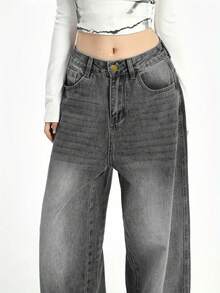 女式 Y2K 高腰阔腿牛仔裤 - 灰色棉混纺基本款百搭修身休闲裤，适合秋冬日常穿着 - 灰色 - 查看 4