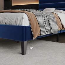 Bed Frame With Headboard, Velvet Upholstered Platform Bed Frame, Modern Bed Frame With Horizontal Channel Design, Strong Wooden Slats Support, No Box Spring Needed, Noise-Free, Easy Assembly, White/ Black/ Pink/ Blue/ Green, Twin/ Full/ Queen Size * Bed Frame Queen Queen Bed Frame Bed Frame Full Full Size Bed Frame King Size Bed Frame Twin Bed Frame Room Decor Home Decor Christmas Decor Bedroom Decor Valentine Day Decor Storage Living Room Decor Furniture House Decor - 藍色 - 查看 4