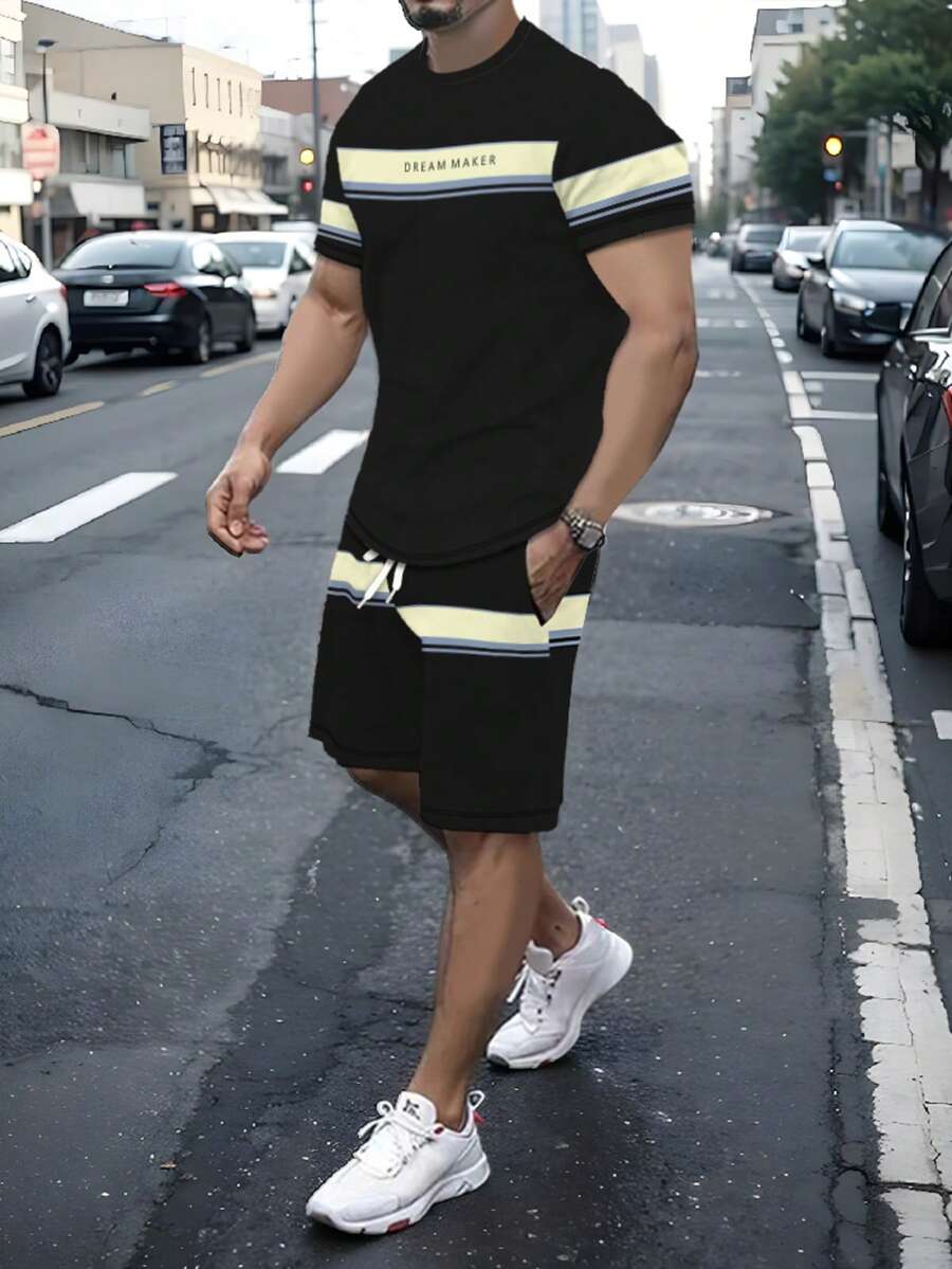 Bộ đồ thể thao mùa hè dành cho nam, gồm áo thun cổ tròn và quần short dệt kim bằng polyester, nhẹ và thoáng khí. Màu trơn, thích hợp cho tập luyện, giải trí, du lịch và làm quà tặng cho bạn bè. - Nhiều màu - Xem 1