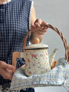 1set 1.2L Vintage Floral Enamel Teapot, Coffee Pot, Handmade Tea Pot, Household Boiling Water Enamel Pot, Tabletop Decor Enamel Pot, Enamel Pot As Gift For Friends And Elders, Kitchen Direct Heating Enamel Pot - Multicolor - View 4