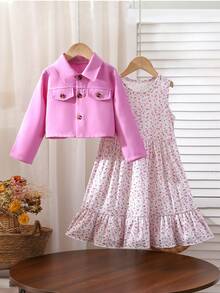 2pcs/Set Girls Casual Sweet Style Long Sleeve Jacket And Ditsy Floral Dress Outfit, Spring/Summer New Arrival - Multicolor - View 2