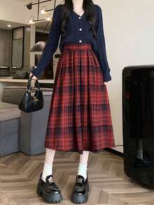 Plaid Casual Pleated High Waist Women's Skirt, Suitable For Daily Life, Photography, All Seasons - Red - View 8
