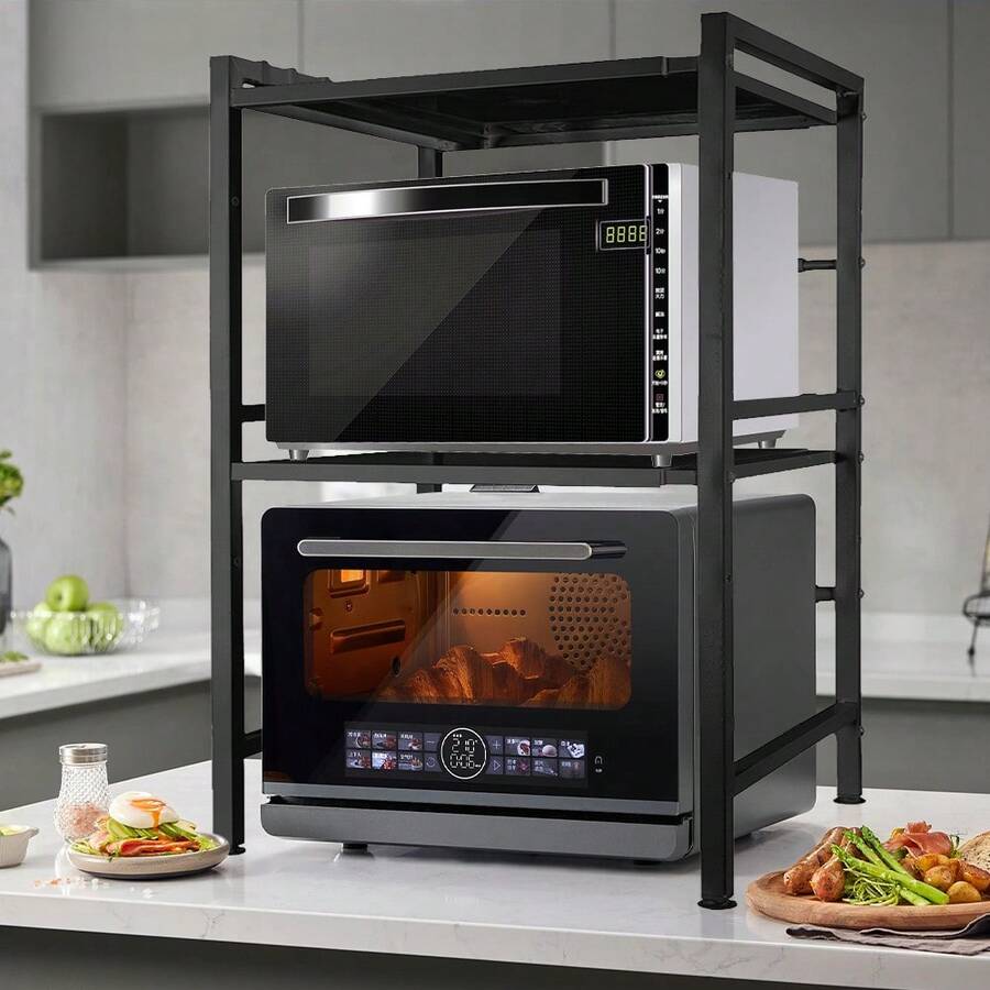 Estante de cocina de altura regulable, soporte para microondas de dos niveles, fabricado en acero al carbono, estante de cocina, soporte extensible para microondas, especiero, soporte para microondas, organizador, para cocina, negro - Negro 40-64*36,5*78cm - Ver 1