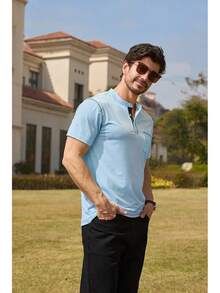 Henley Shirts Slim Fit Button T-Shirthalloween - 淺藍色 - 查看 5