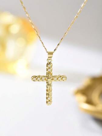 1pc Women's Vintage Style Golden Jesus Cross Necklace, Jesus Crucifixion Design With Circular Faux Zirconia, Recreating Religious Art Classic, Suitable For Church Service, Art Exhibition, Retro Ceremony Outfit