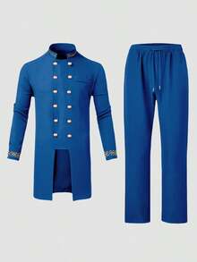 2pcs/Set Men's White Dashiki Double Breasted Long Blazer With Trousers, Golden Embroidery, Long Sleeve, Stand Collar, Elastic Waist Pants, African Clothing, Men's Casual Shirt And Pants Set, New Style For All Seasons, Suitable For Parties, Galas, Weddings, Cultural Events, Traditional Ceremonies