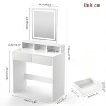 OYAJIA White Modern LED Vanity Table With LED Dimmable Mirror | Large Rectangular Mirror Dressing Table With Soft Lighting, 2 Spacious Drawers & 3 Open Compartments | UK Home Decor, Makeup Organizer, Bedroom Furniture - White - View 11