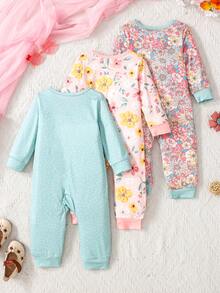 3pcs/Set Infant & Baby Girl Comfortable Cute Printed Crew Neck Long Sleeve Jumpsuit Set, Spring/Autumn - Multicolor - View 2