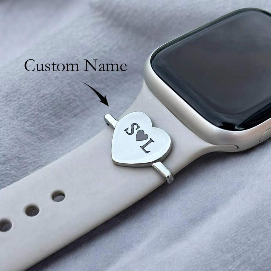Personalised Watch Band Heart Charm | Name Or Initials | Smart Watch | Custom Engraved Handwriting | Gift For Her | Water Resistant Plating - Multicolor - View 1
