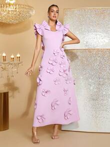 全新优雅 3D 花卉装饰时尚荷叶边无袖连衣裙，女士长款正式礼服，适合婚礼宾客、伴娘、派对、晚会 - 紫色 - 查看 8