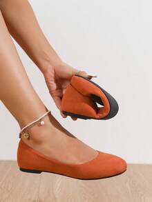 1 Pair Women's Faux Suede Microfiber Ballet Flats - Multi - Color Slip - On Round Toe Flats For Casual Daily Wear, Office & Weekend Outings - 橘色 - 查看 3