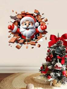 1PC 3D Christmas Wall Sticker, Cartoon Moose Breaking Through The Wall, Animal Print, Self-Adhesive, Glass Surface, Asymmetrical Shape, Matte Finish, Office Supplies, Home Decoration, For Christmas Party Decoration