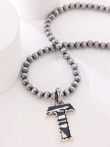 1pc Western Country Style Vintage Textured CCB Multicolor Leopard Print Black & White Plaid 26 Letter Minimalist Pendant Necklace, Sweater Chain