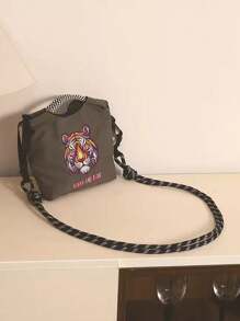 1pc New Fashion Embroidered Cute Tiger Head Design Foldable Nylon Tote Bag, Adjustable Shoulder Strap, Suitable For Commuting, Party, Shoulder/Crossbody, Bags For Ladies Fashionable