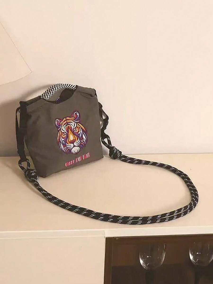 1pc New Fashion Embroidered Cute Tiger Head Design Foldable Nylon Tote Bag, Adjustable Shoulder Strap, Suitable For Commuting, Party, Shoulder/Crossbody, Bags For Ladies Fashionable