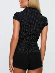 Women Y2k Button Down Shirt Top Tie Back Blouse Cap Sleeve Lapel Ruched Front Slim Fit T Shirts Crop Tops Summer Casual Going Out Tops Vintage Aesthetic Clothes Retro Blouse Streetwear - Nhiều màu - Xem 2