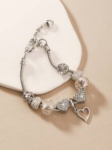 1pc Heart Shaped Pendant, Crystal Beads, Rhinestone Decor Bracelet
