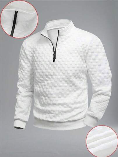 男士高性能立领提花卫衣 | 立领 Polo 衫，商务立领设计 | 半拉链，华夫格面料设计 | 融合复古细节与都市运动风格，提花弹力华夫格纹理面料柔软，适合秋冬季通勤及轻度户外运动 | 宽松直筒剪裁，修身廓形，兼具舒适性与功能性，适合所有体型，性别友好