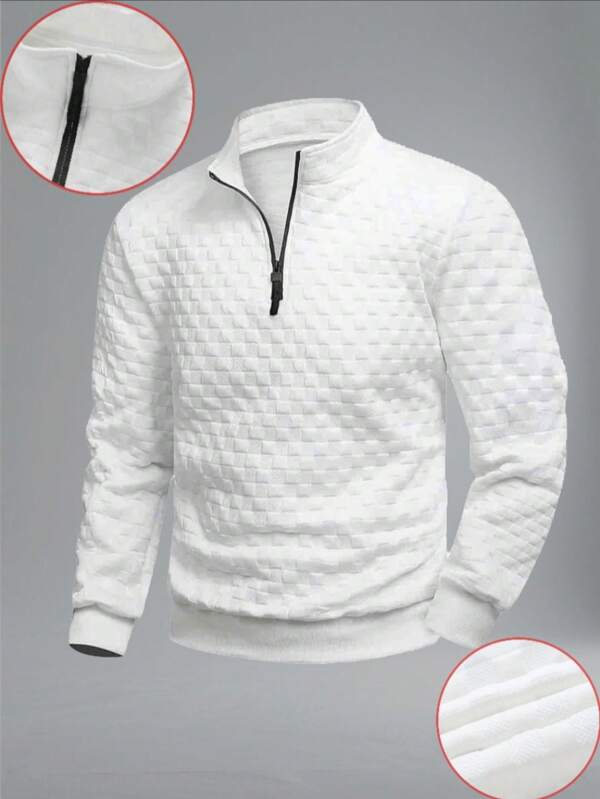 Men's Performance Mock Neck Jacquard Sweatshirt | Mock Neck Polo Sweatshirt, Business Stand Collar Design | Half Zip, Waffle Fabric Design | Blending Retro Details And Urban Sporty Style, Jacquard Elastic Waffle Texture Fabric Soft, Suitable For Commuting And Light Outdoor Sports In Autumn/Winter | Loose Straight Cut, Flattering Silhouette, Combining Comfort And Functionality, Suitable For All Body Types, Gender-Friendly Style