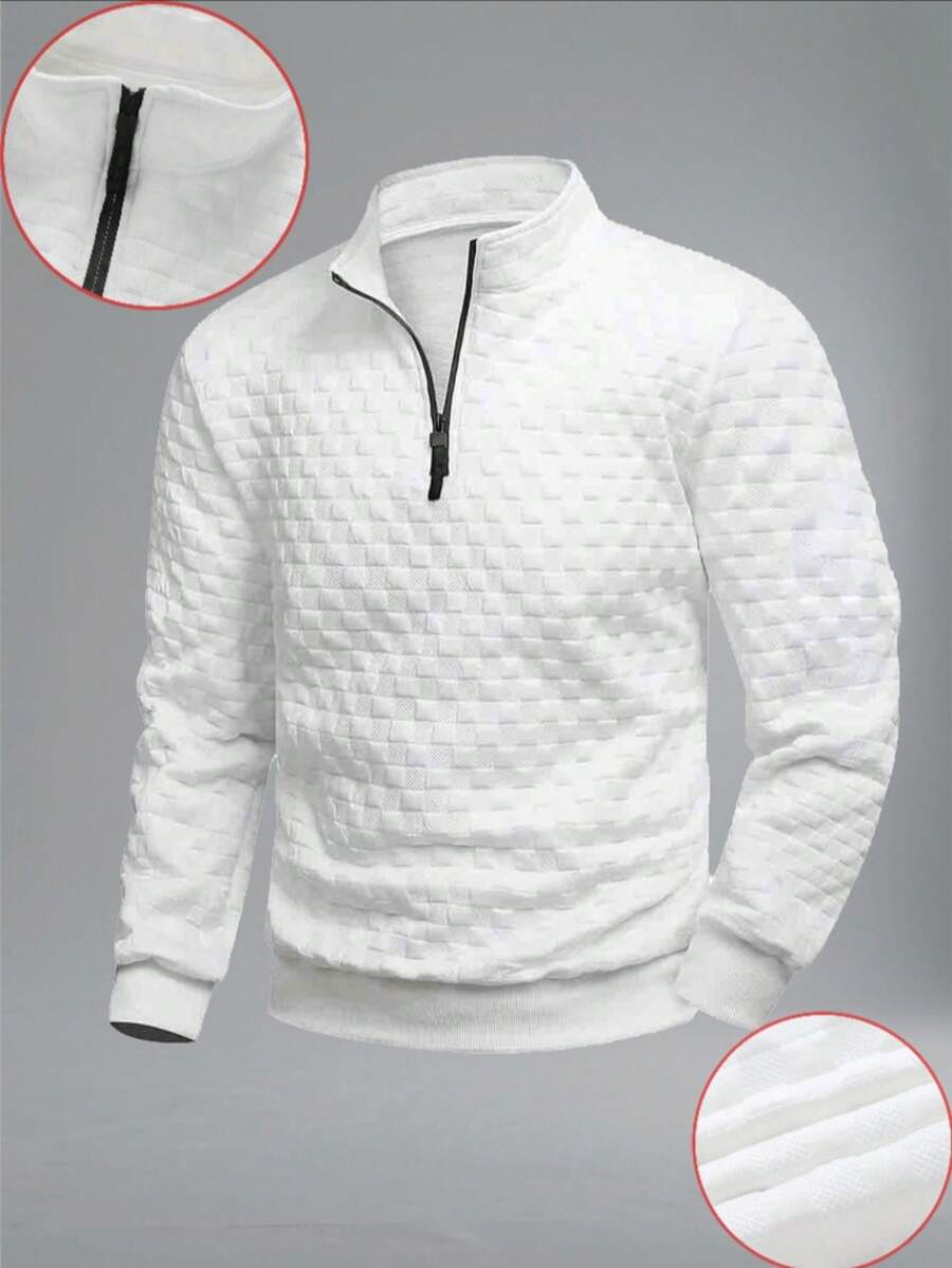 男士高性能立领提花卫衣 | 立领 Polo 衫，商务立领设计 | 半拉链，华夫格面料设计 | 融合复古细节与都市运动风格，提花弹力华夫格纹理面料柔软，适合秋冬季通勤及轻度户外运动 | 宽松直筒剪裁，修身廓形，兼具舒适性与功能性，适合所有体型，性别友好