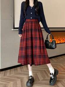 Plaid Casual Pleated High Waist Women's Skirt, Suitable For Daily Life, Photography, All Seasons - Red - View 6