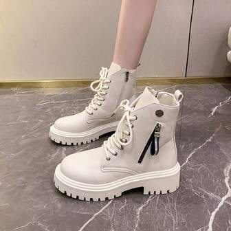 1 双纯色实用风格系带侧拉链女式踝靴和短靴，适合户外、度假、所有季节