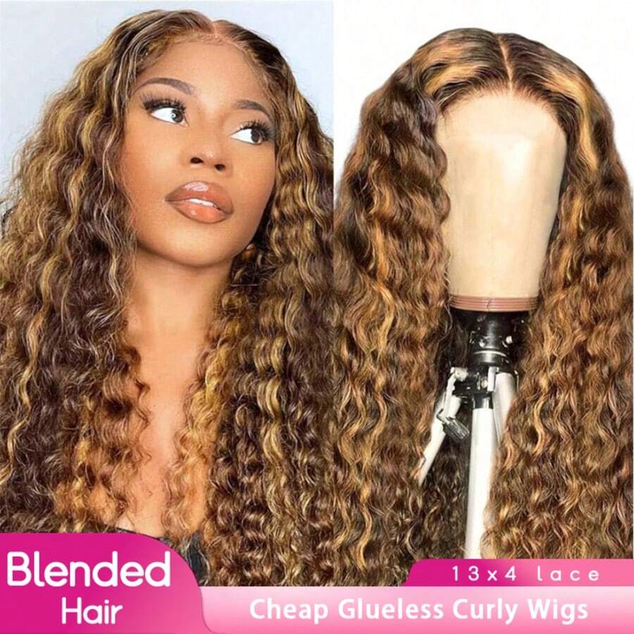 PQL Honey Blonde Highlight Curly Wave Lace Front Wigs Blended Hair Wig 13x4 Wavy Brazilian Human Wigs Hair Lace Frontal Wigs For Women P4/27 Brown Colored Natural Wave Ombre Wig With Baby Hair Blended Hair - SP4/27 - View 1