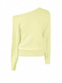 Women's Casual Elegant Solid Color Off-Shoulder Fit Bat Long Sleeve Regular Pullover Knitted Off The Shoulder Jumper Crop Tops Cute Sweater, Spring Summer Fall - Yellow - View 5