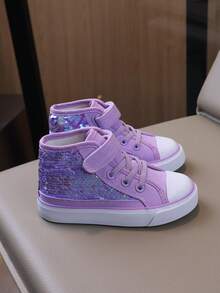 儿童闪光中帮时尚帆布鞋，平底，透气，防滑，女童运动鞋，亮色儿童运动鞋，适合返校 - 紫色 - 查看 5
