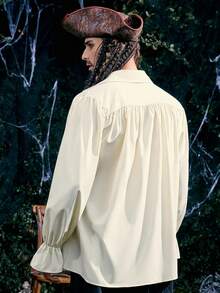 Men's Halloween Pirate Costume Medieval Ruched Shirt, Steampunk Victorian Cosplay Gothic Renaissance Viking Top, Fall, Long Sleeve Top - Apricot - View 3