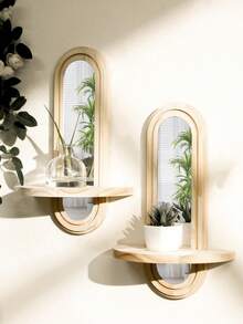 1Pc Arch Wall Shelf With Acrylic Mirror Wood Floating Storage Shelves Modern Minimalist Wall-Mounted Display Rack For Living Room Bedroom Bathroom Kitchen Home Decor Organizer Geometric Wall Mounted Shelves, Wood Floating Shelves, Rustic Wood Shelves For Wall Storage, Wall Mounted Wooden Display Shelf For Bedroom Kitchen, Floating Shelves For Wall Shelf Over Toilet Small Wall Mounted Farmhouse Decor - Mirror Geometric Style - View 5