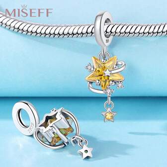  MISEFF 1pc Genuine S925 Sterling Silver Charm Yellow Star Zirconia Tassel Pendant For Bracelet DIY Jewelry Making Gifts Bead Jewelry For Women Birthday Gifts